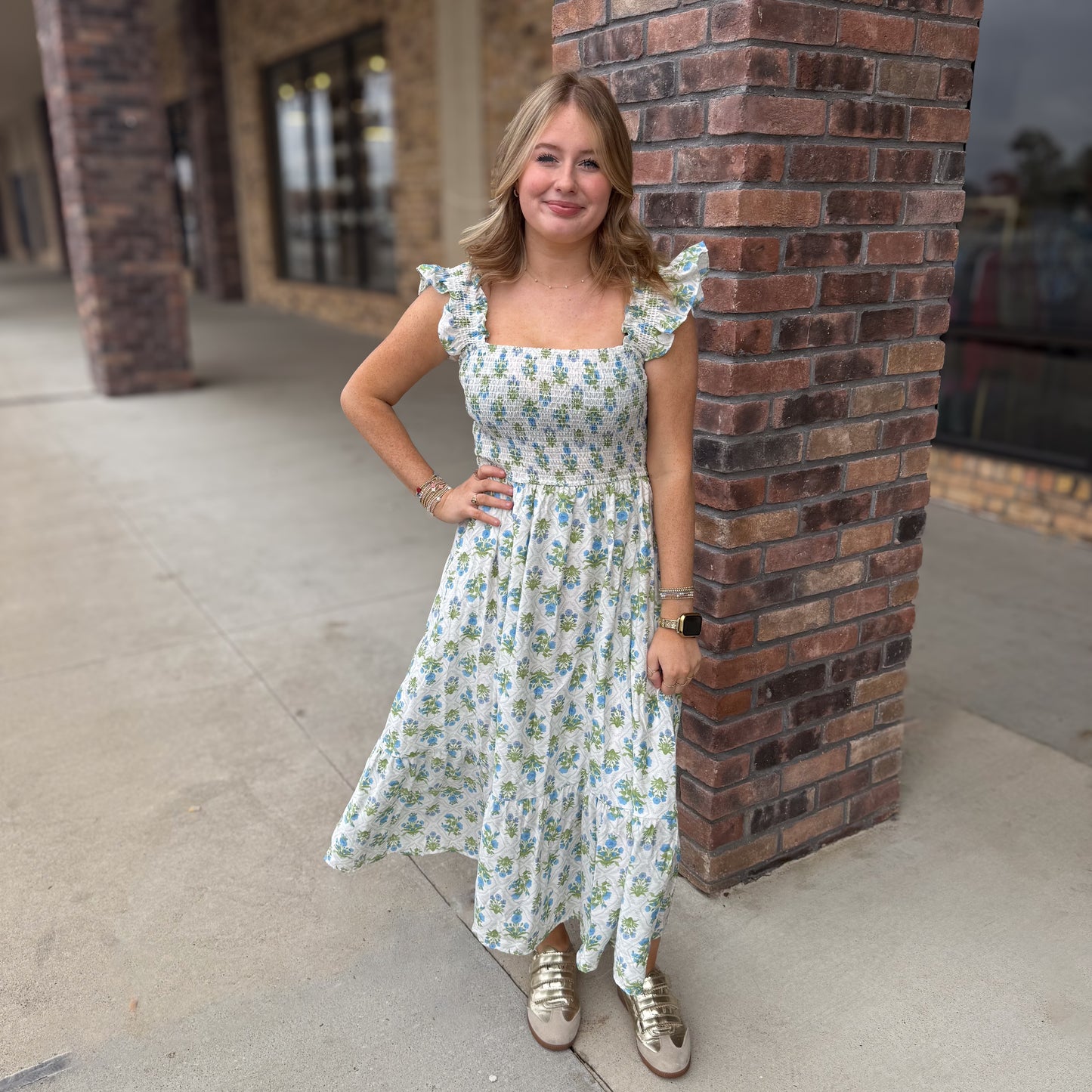 Spring Bliss Floral Midi Dress: Blue