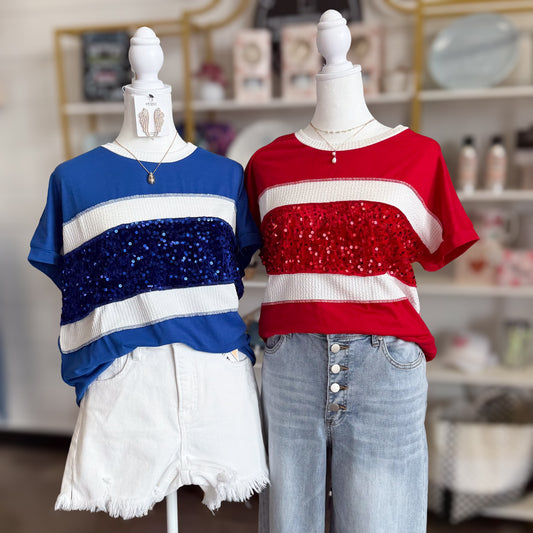 Royal Blue & Red Sequin Short Sleeve Tops