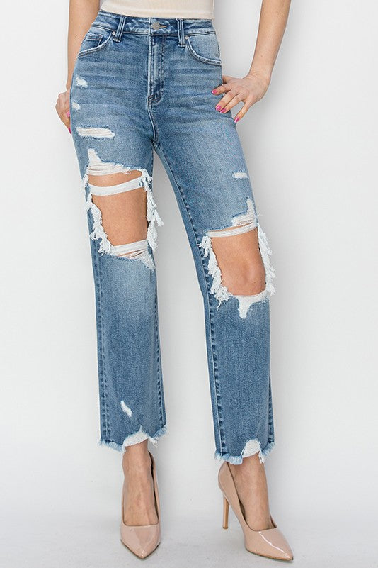 Risen High Rise Crop Distressed Straight jeans