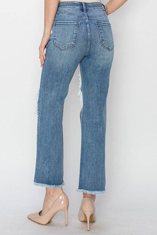 Risen High Rise Crop Distressed Straight jeans