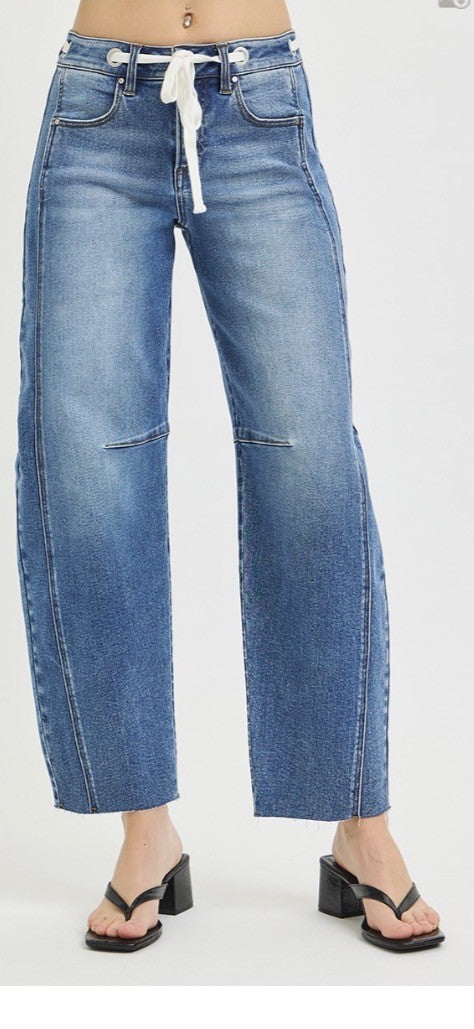 Risen Barrel Jean With Drawstring Accent Waistband: Dark