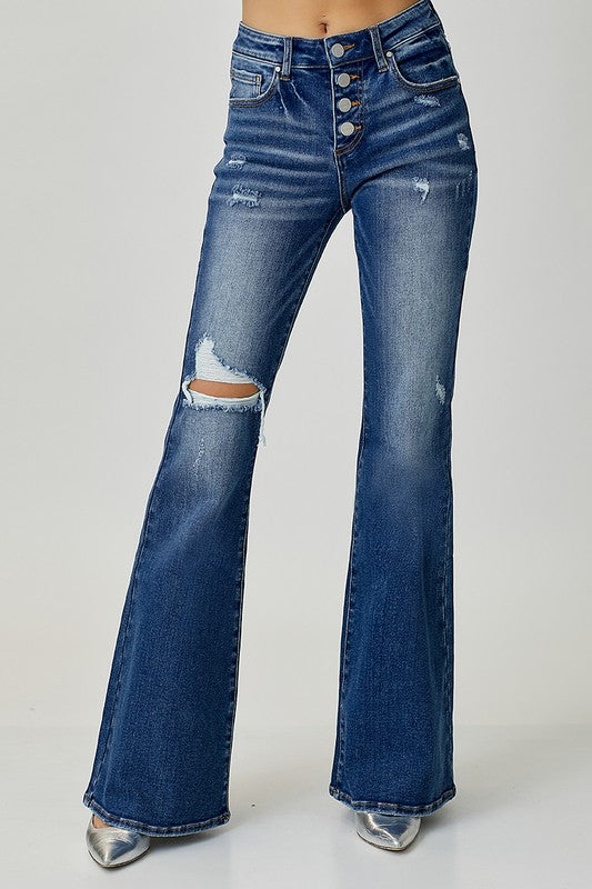 Risen Mid Rise-Flare Button Down Jean-Dark Wash