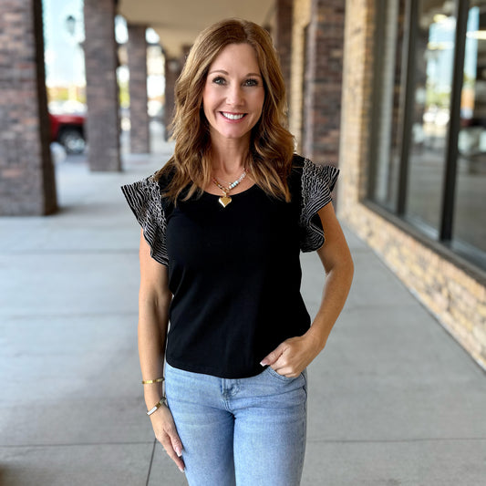 Black & White Chic Ruffle Sleeve Top