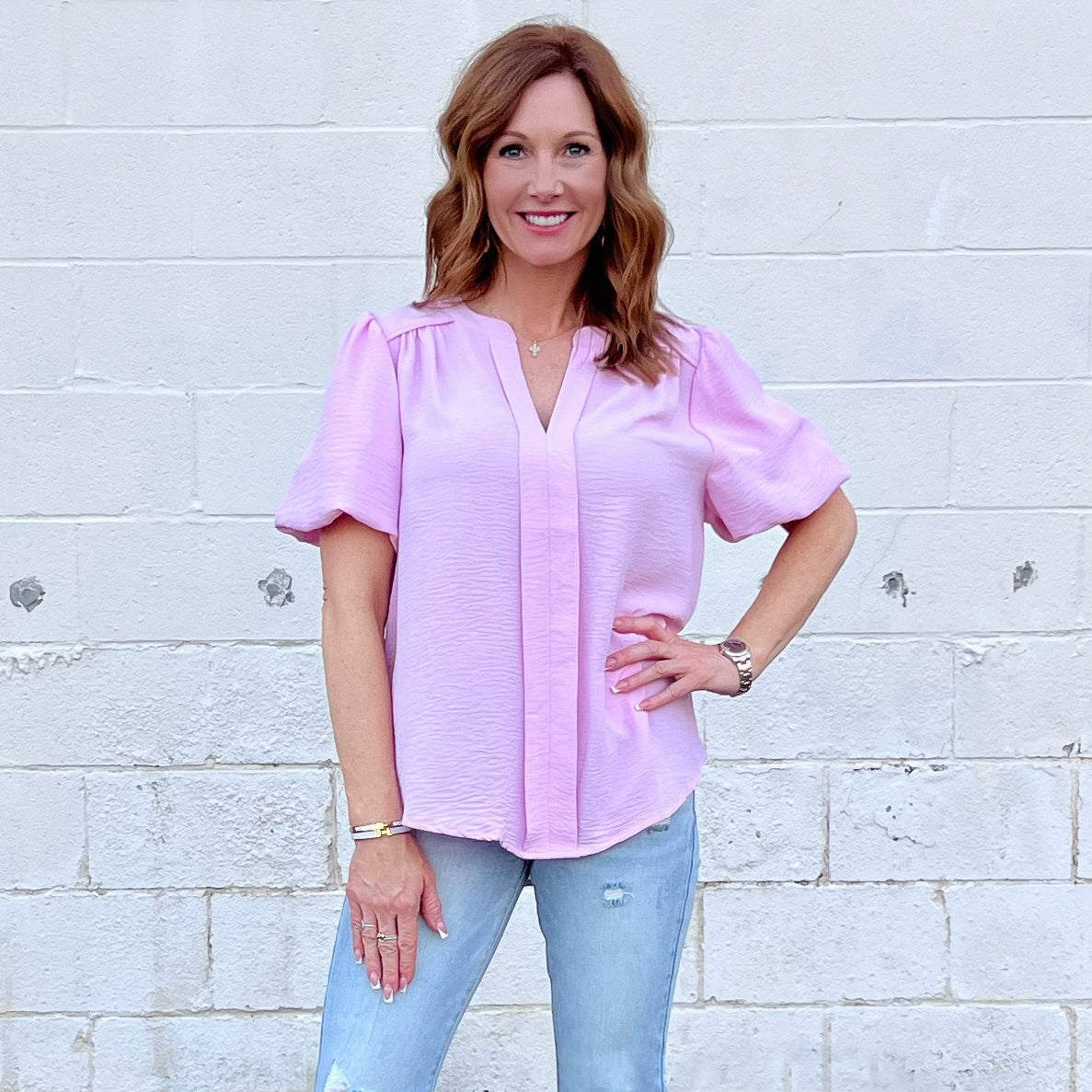 Bubble Sleeve Blouses Pink & Blue