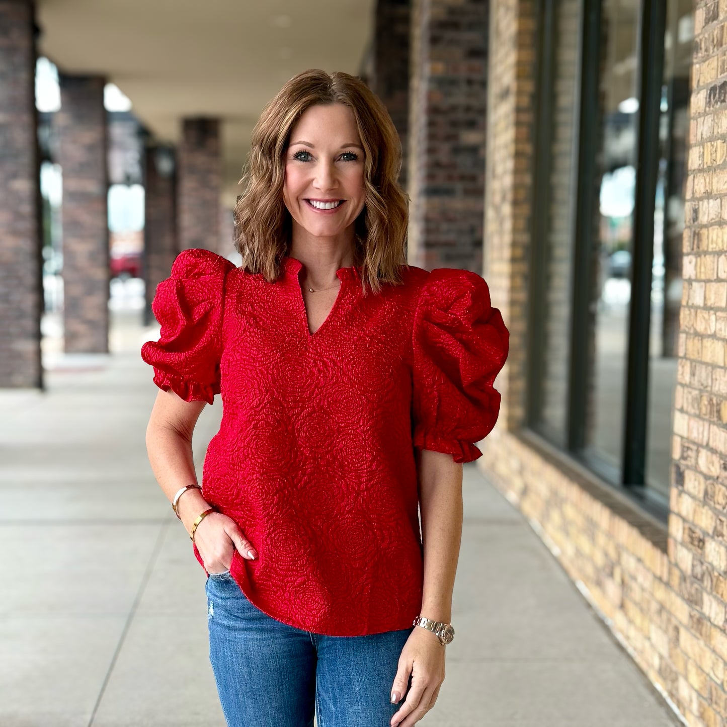 Elegant Red Jacquard Blouse