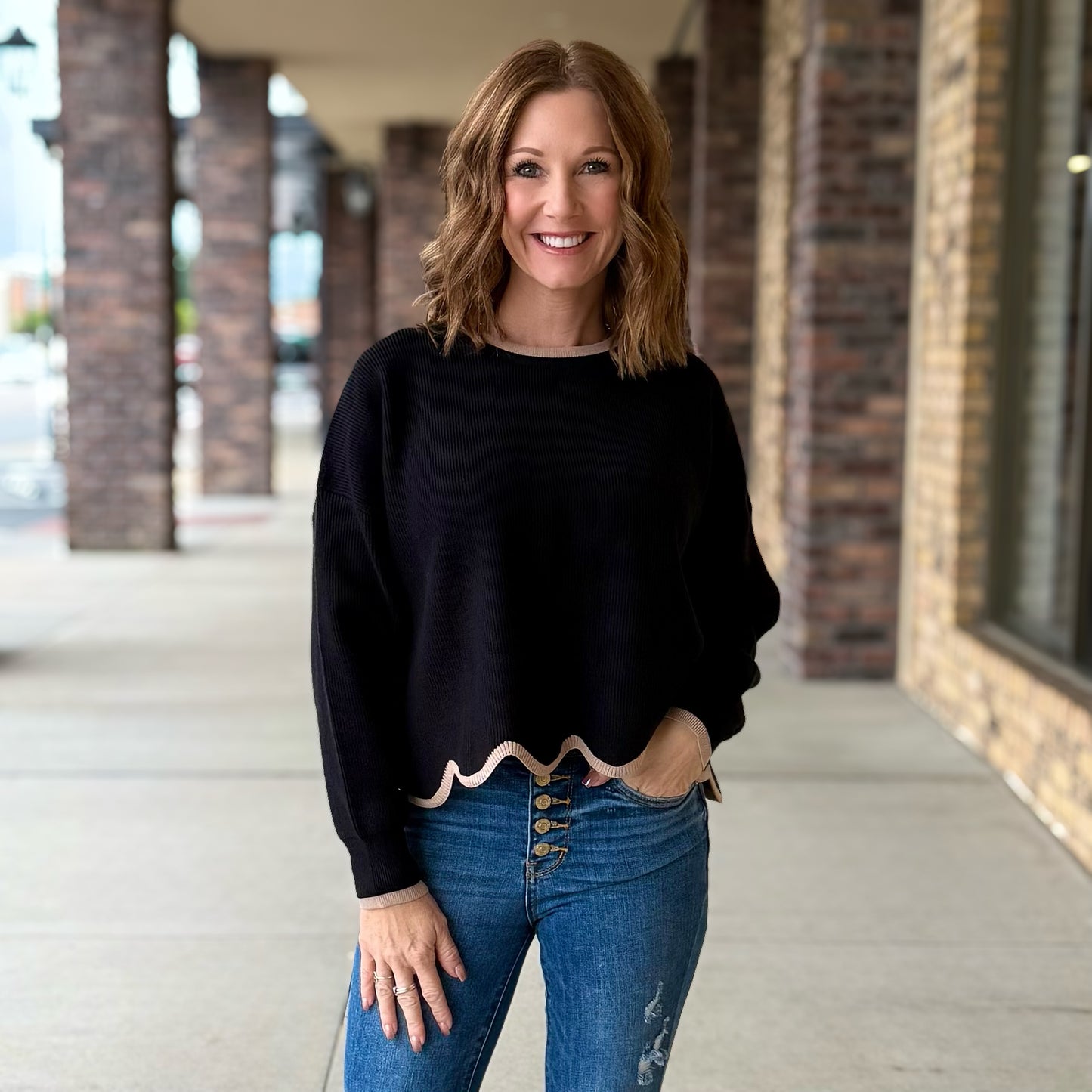 Black Scalloped Hem Sweater