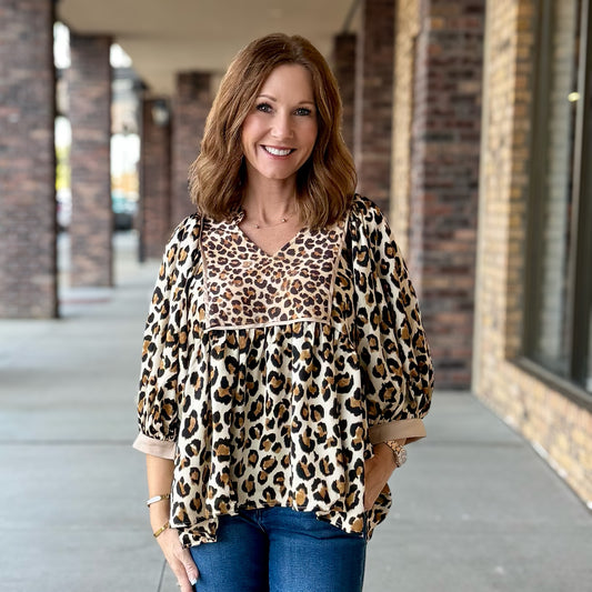 Mixed Leopard Print Babydoll Top