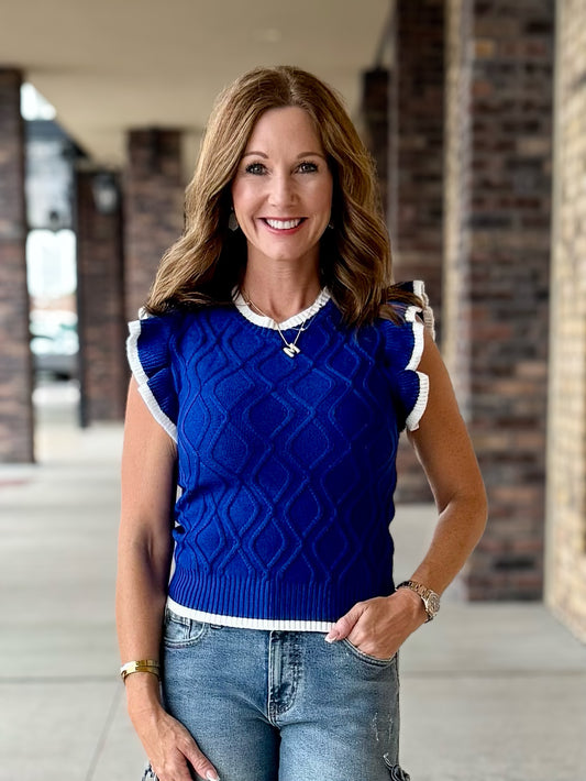 Cable Knit Ruffle Sleeve Sweater: Blue