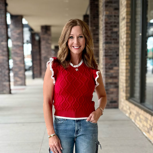 Cable Knit Ruffle Sleeve Sweater: Red