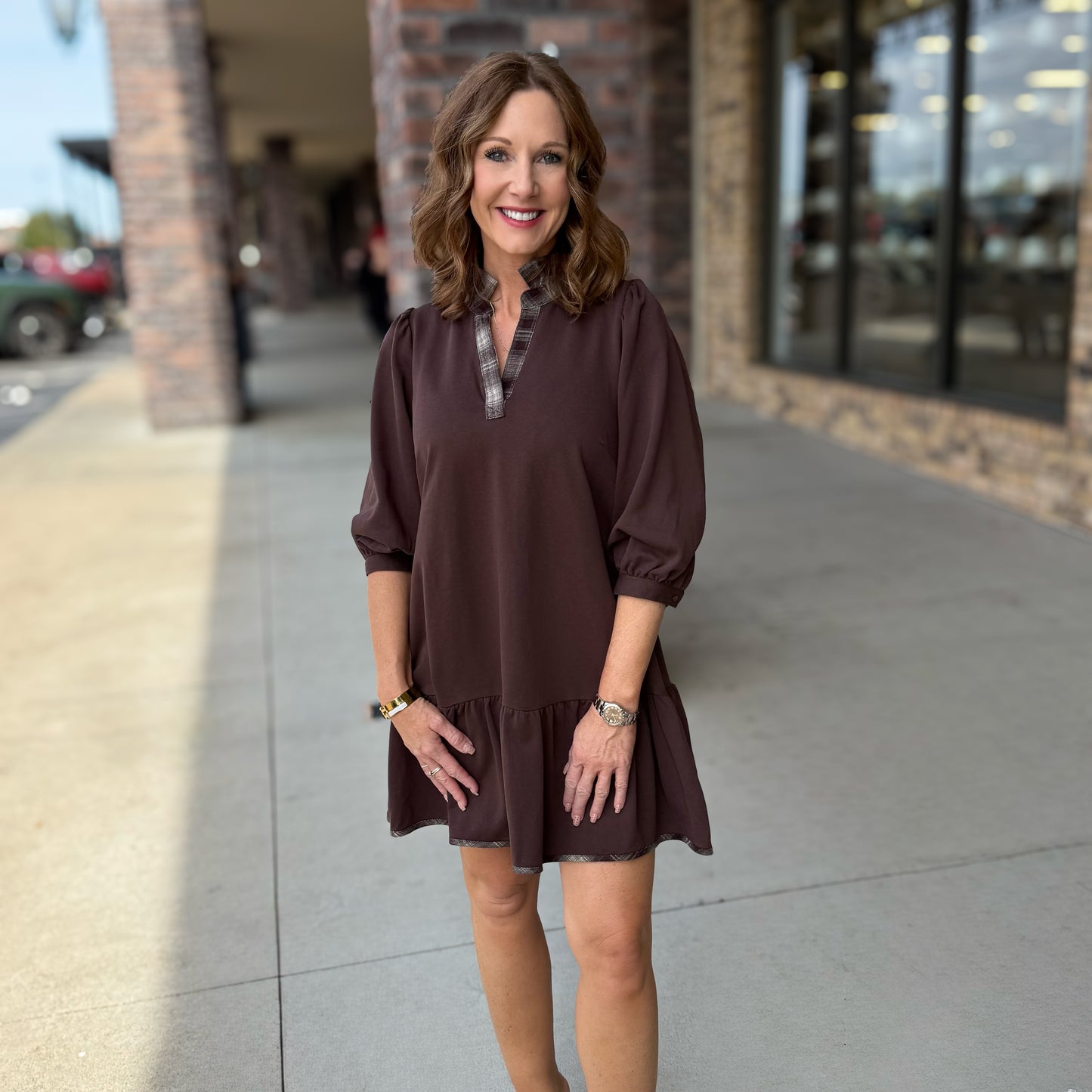 Ruffle Hem Dress with Plaid Trim