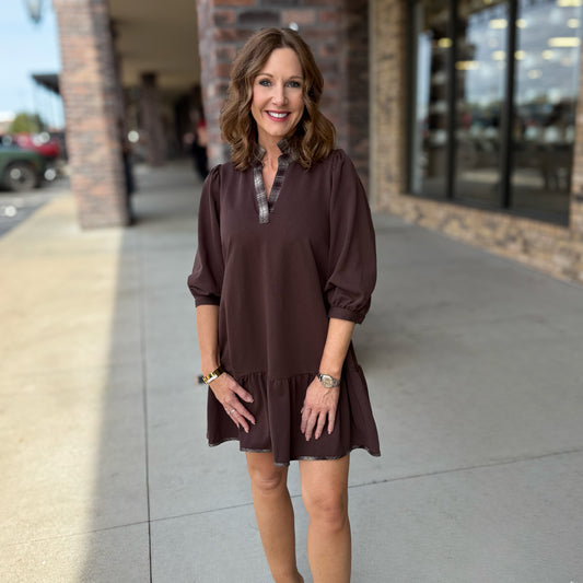 Ruffle Hem Dress with Plaid Trim