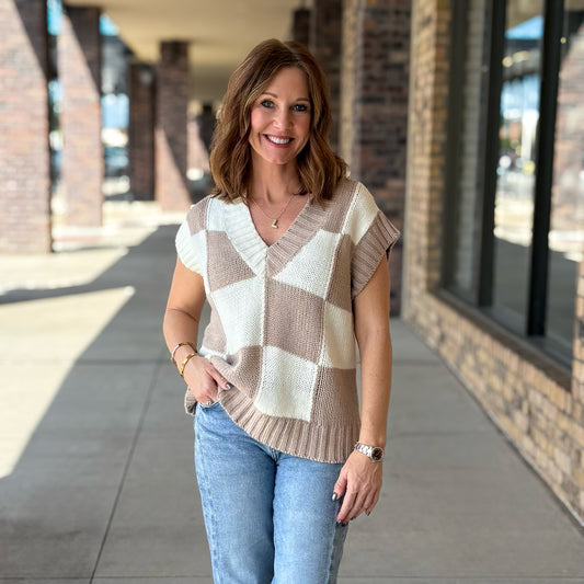 Tan Checkered Fall Sweater Vest