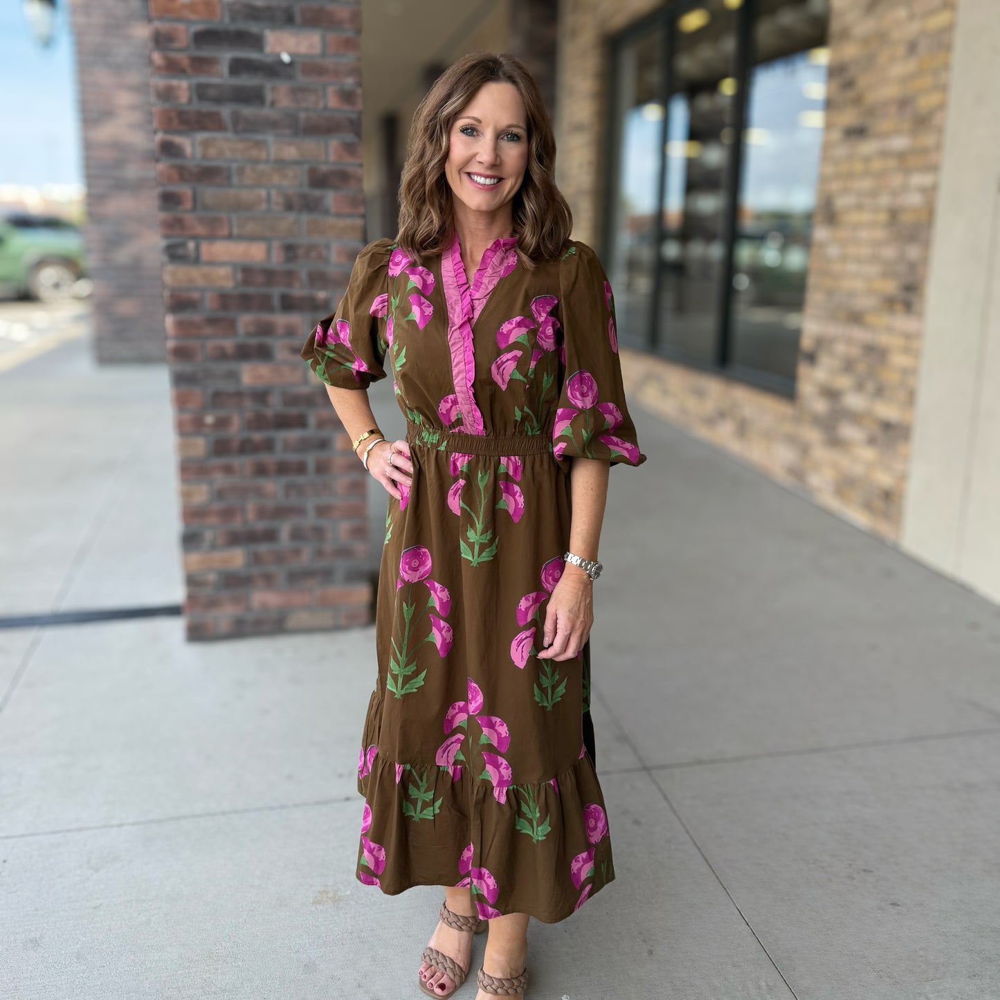 Floral Midi Dress with Ruffle Trim and Elastic Waist