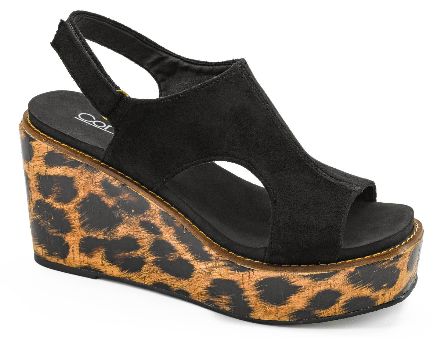Corkys Freddie Black Faux Suede Wedge-Leopard Accent