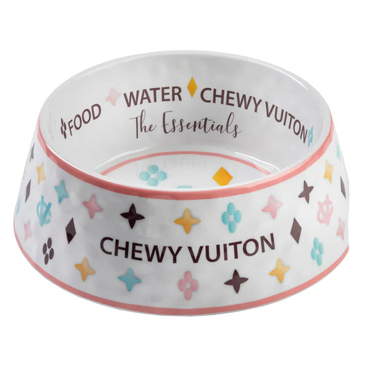 White Chewy Vuiton Pet Bowl-Set