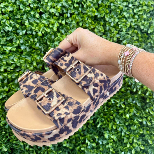 Leopard Platform Double Buckle Sandal