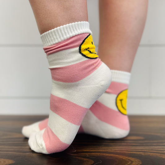 Pink and Blue Striped Smiley Face Socks