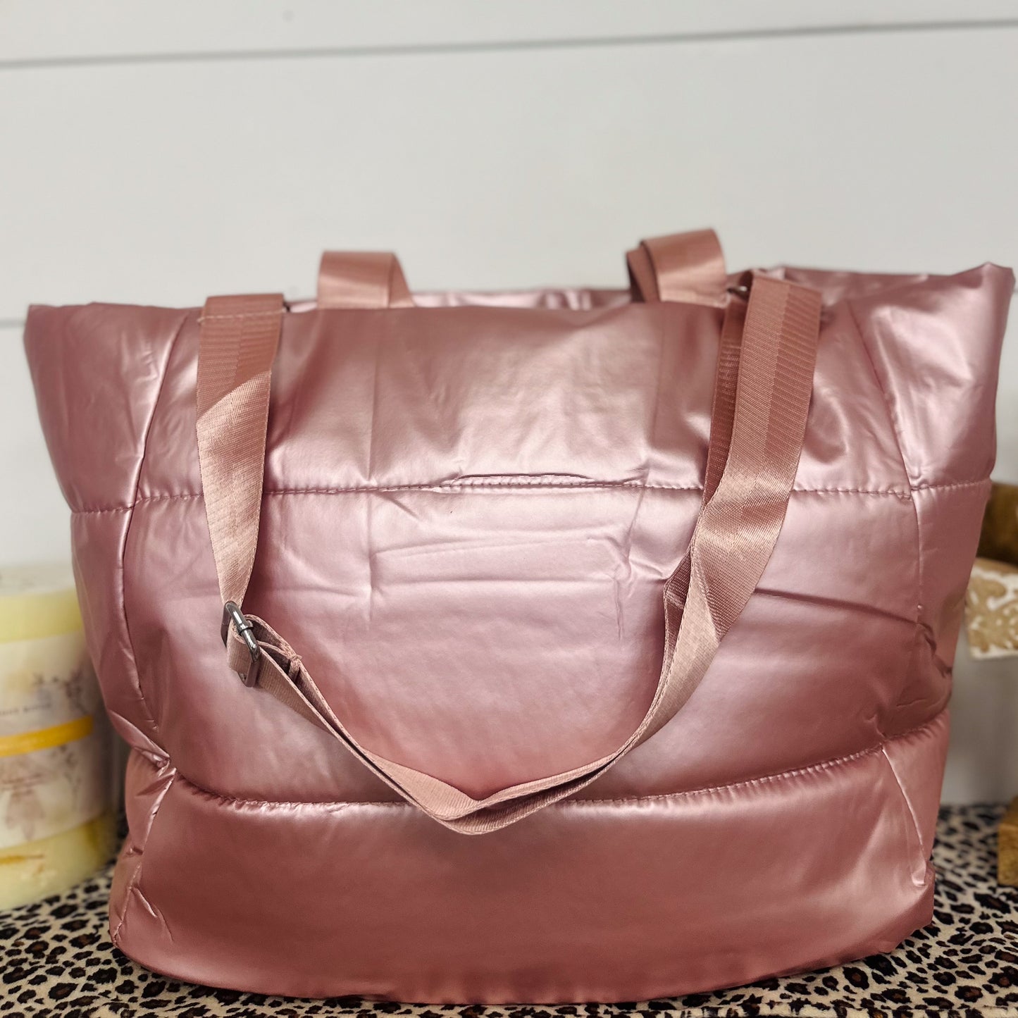 Black & Pink Puffy Metallic Tote Bags