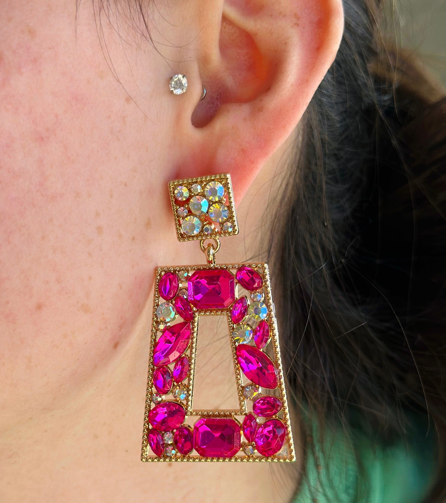 Pink Gemstone Trapezoid Earrings
