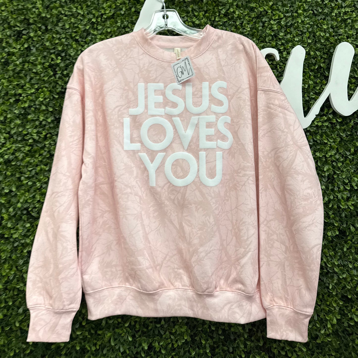 Jesus Loves You Camo Sweatshirt: Pink