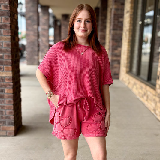 Mineral Washed Thermal Knit Oversized Top-Red