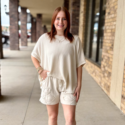 Mineral Washed Thermal Knit Oversized Top: Khaki