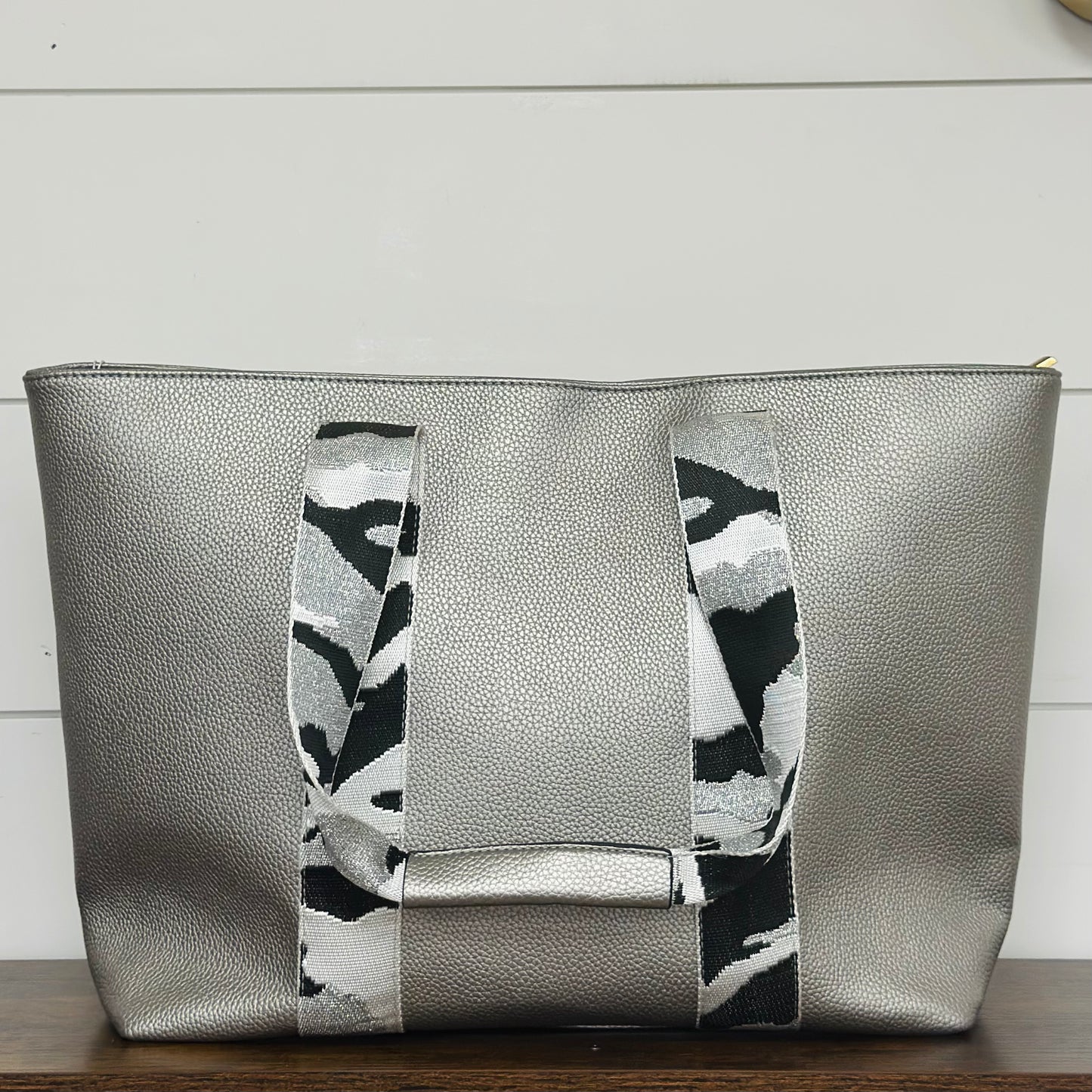 Silver Tote Bag with Camo Straps