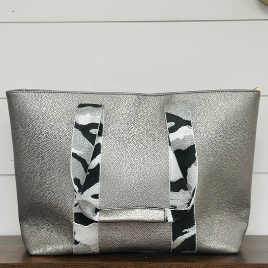 Silver Tote Bag with Camo Straps