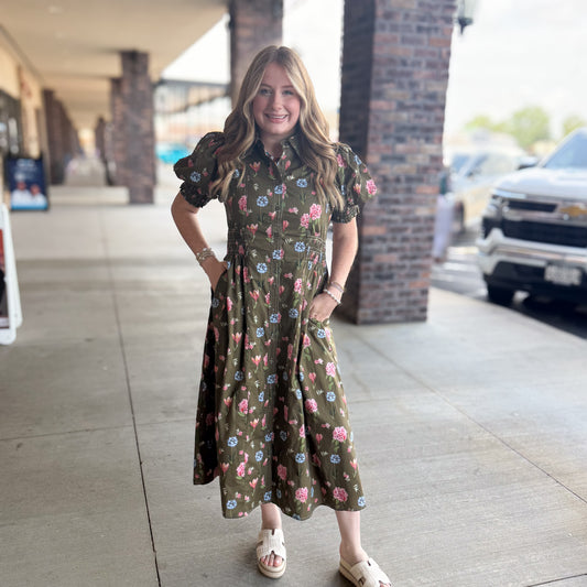 Olive Floral Midi Dress
