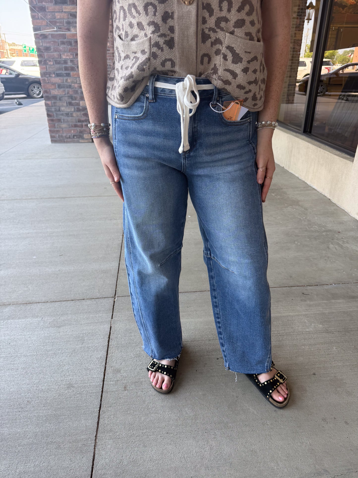 Risen Barrel Jean With Drawstring Accent Waistband: Dark
