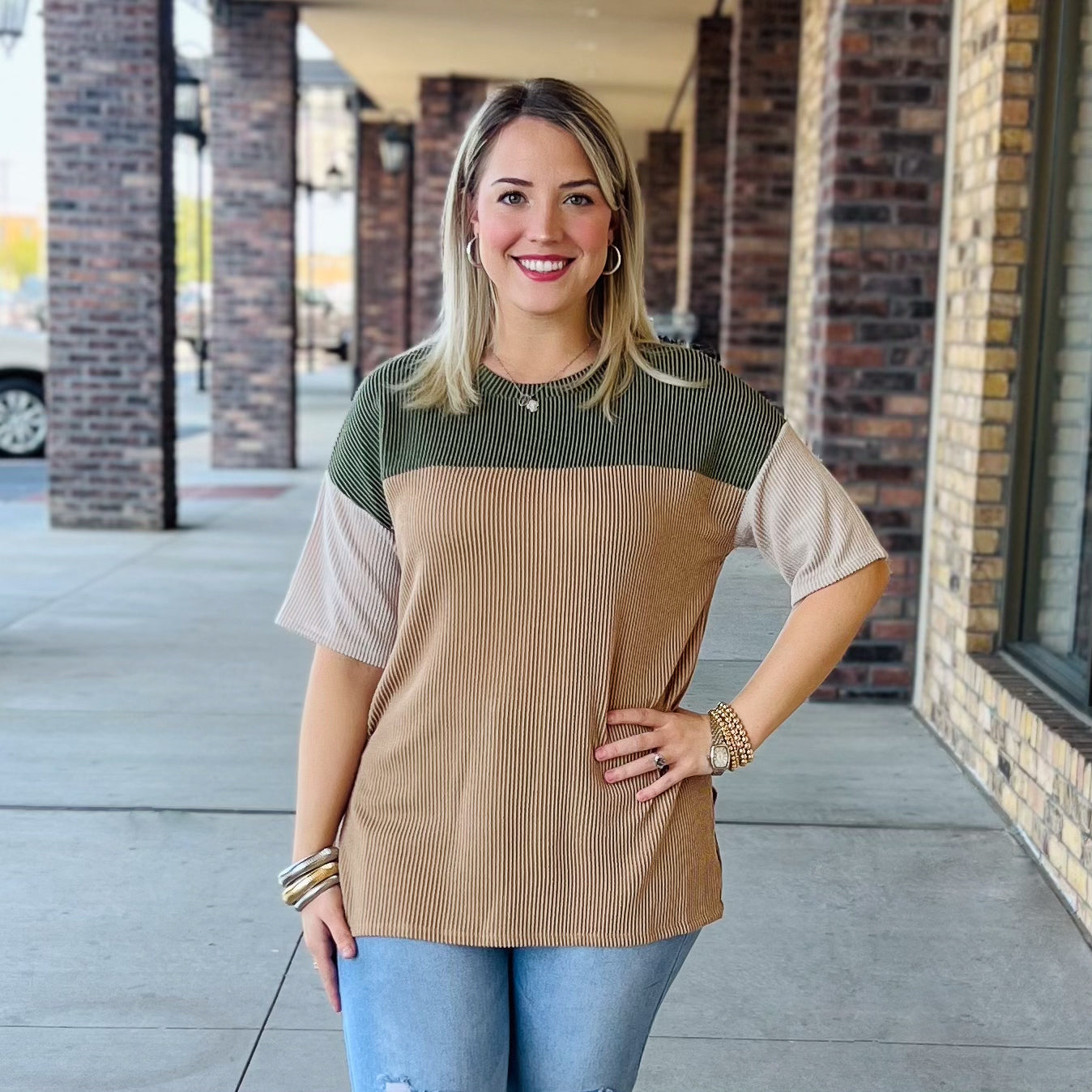 Olive Colorblock Ribbed Tee