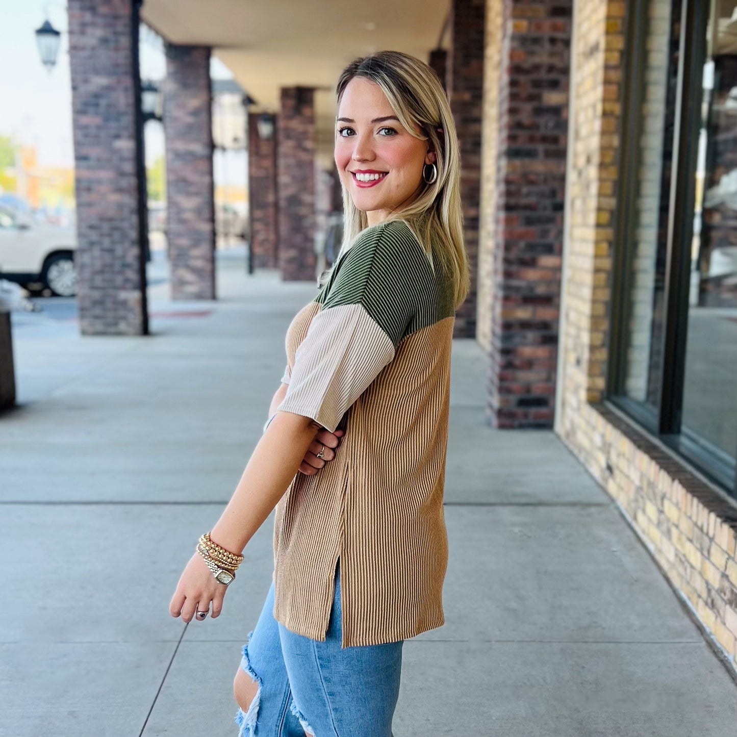 Olive Colorblock Ribbed Tee