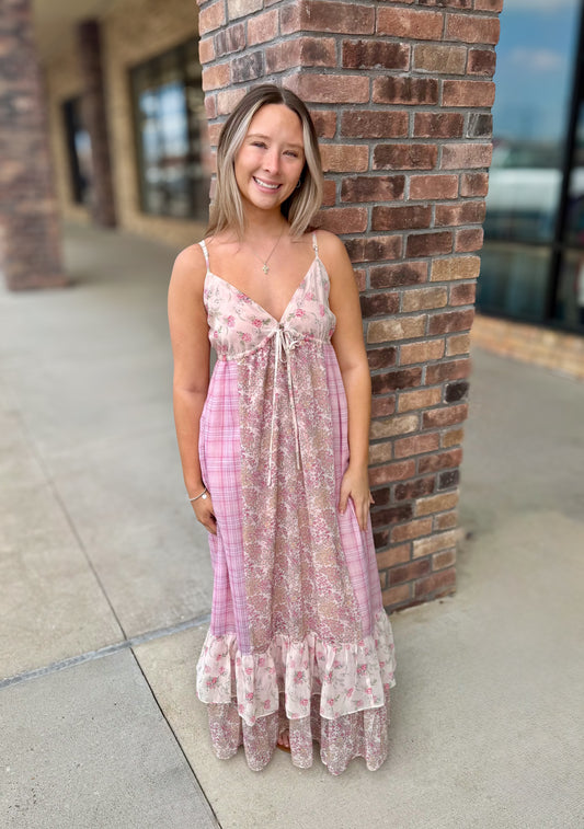 Whimsical Mixed Print Maxi Dress