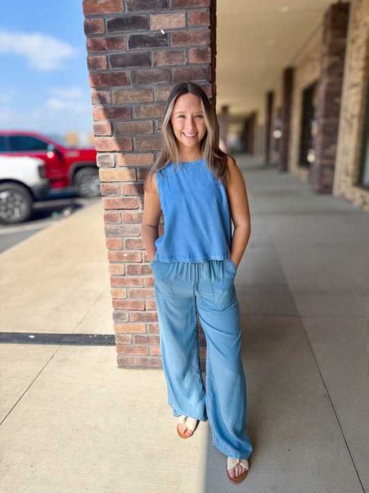 Chambray Drawstring Wide Leg Pant