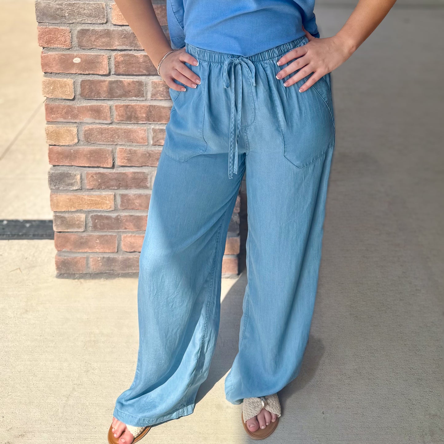 Chambray Drawstring Wide Leg Pant