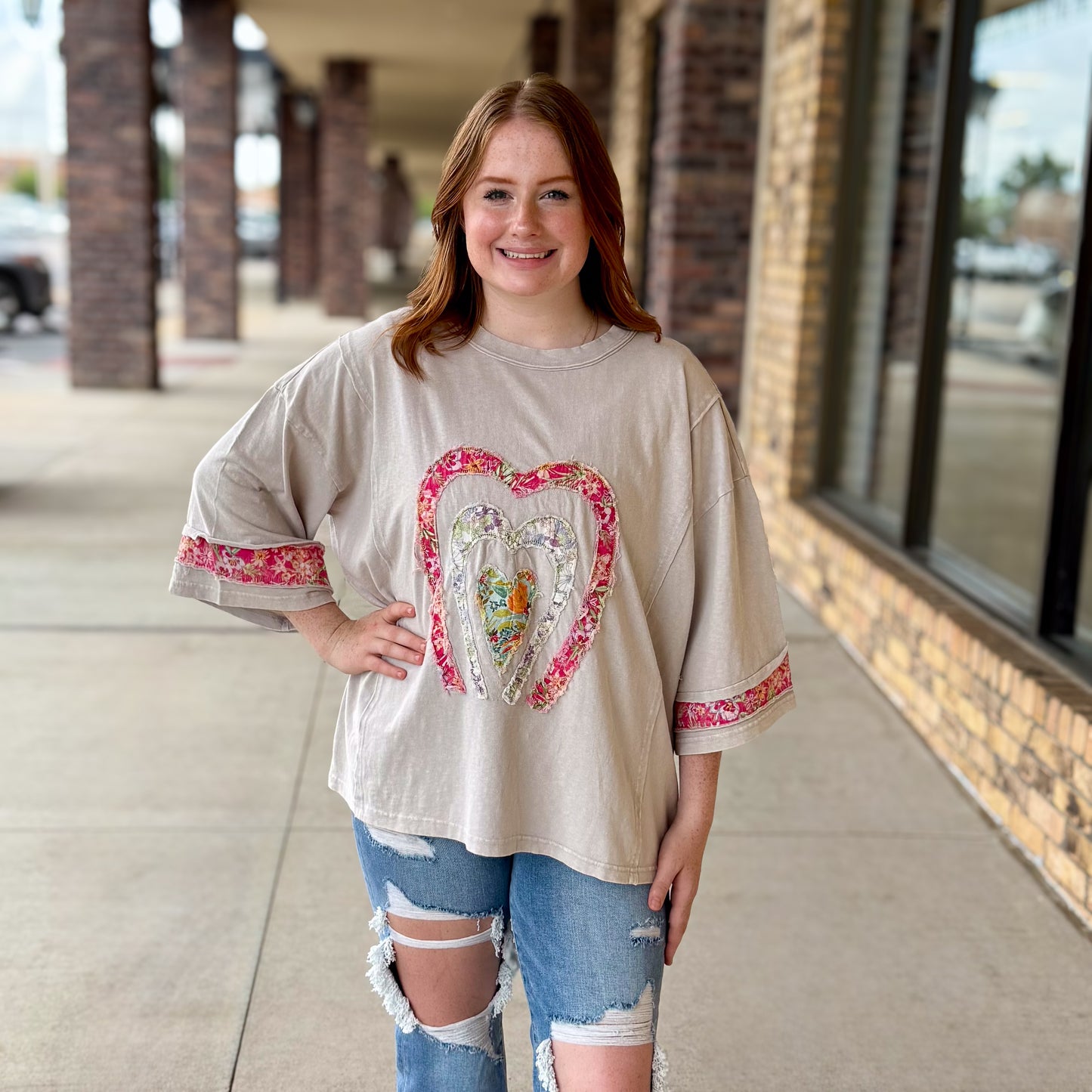 Heart Patch Front Mineral Washed Knit Top