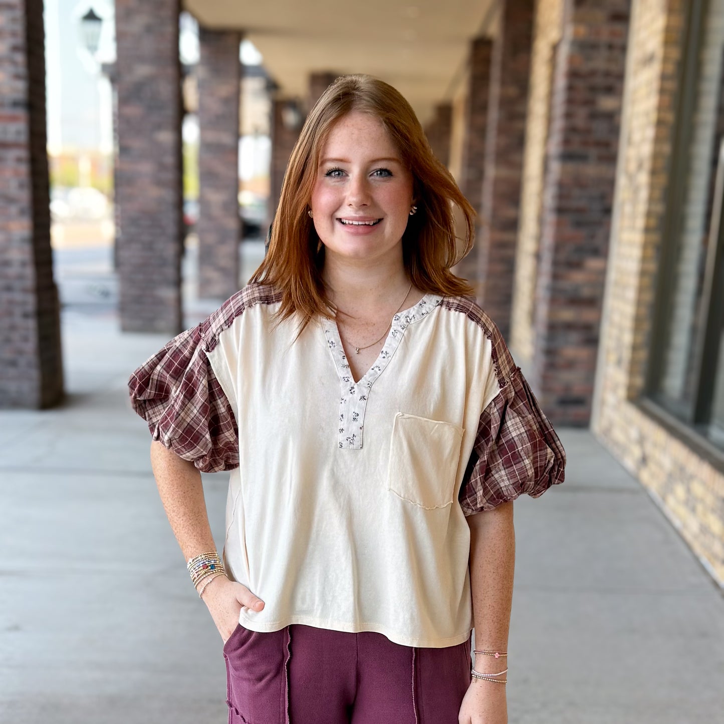 Fall Plaid Puff Sleeve Top