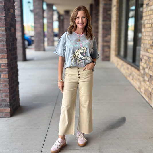 Button Front Stretch Twill Pants: Khaki