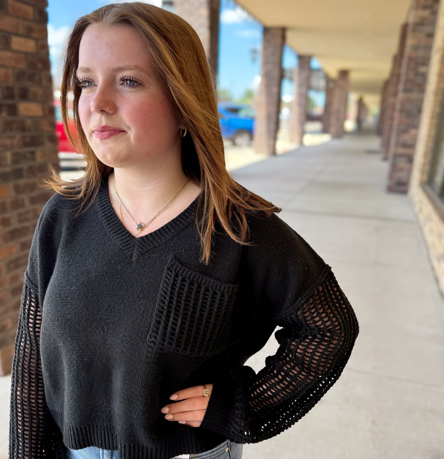 Open Knit Sleeve Sweater