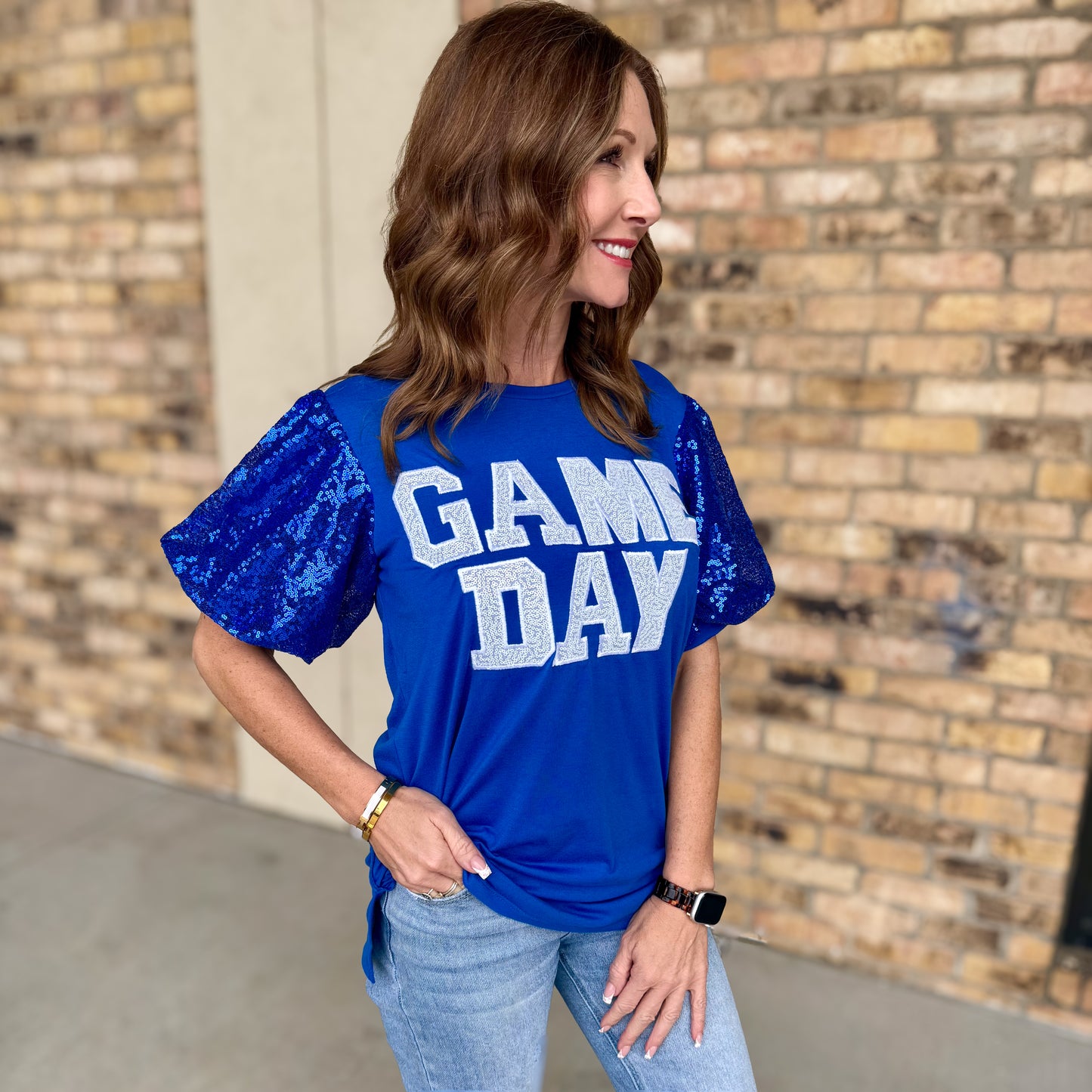 Game Day Sequin Bubble Sleeve Top-Royal Blue