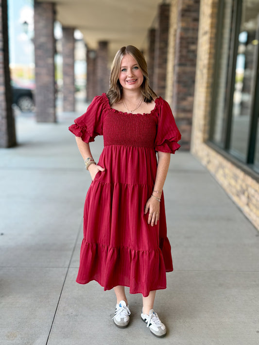 Wine Puff Sleeve Tiered Midi Dress