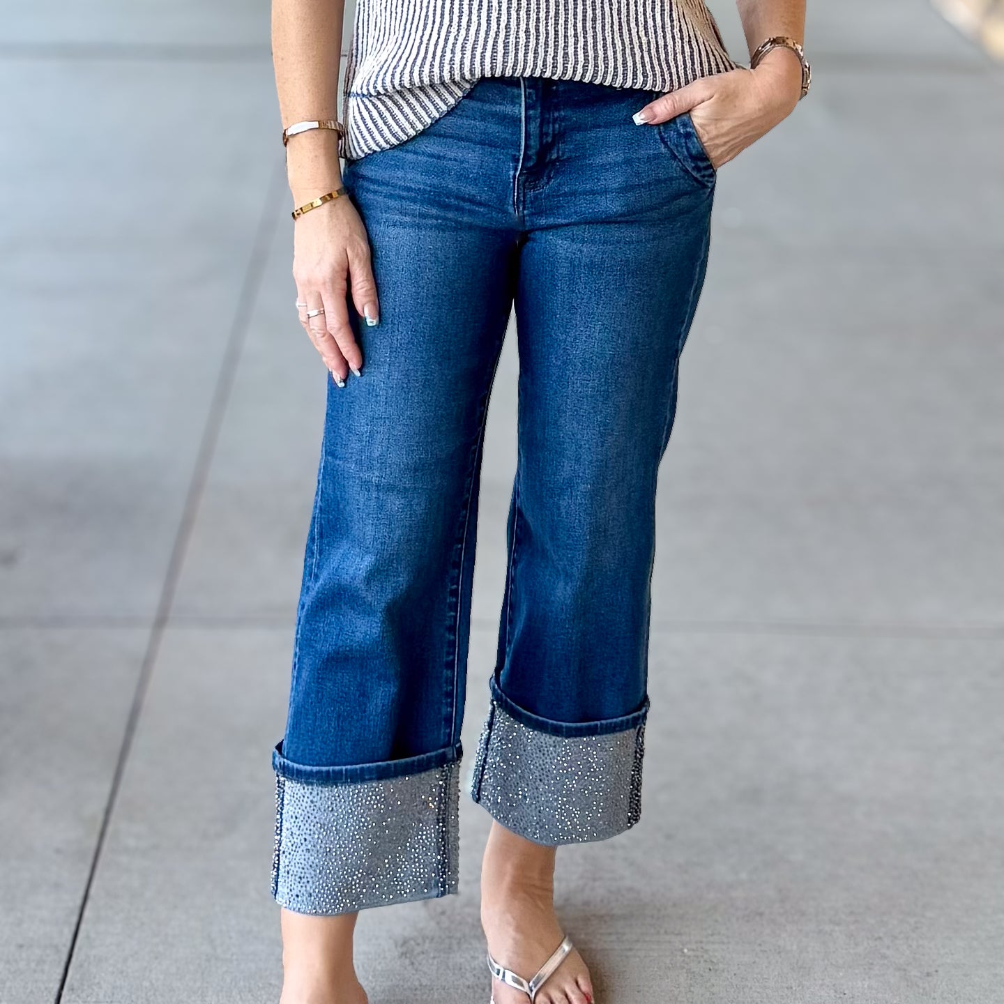 Risen High Rise Rhinestone Cuff Jean