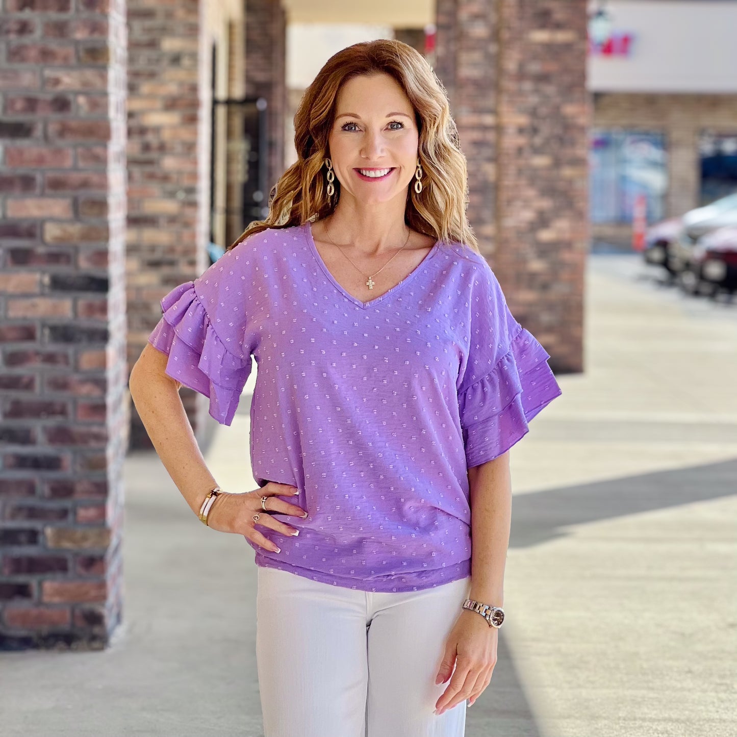 Ruffled Swiss Dot Blouse Black & Lavender