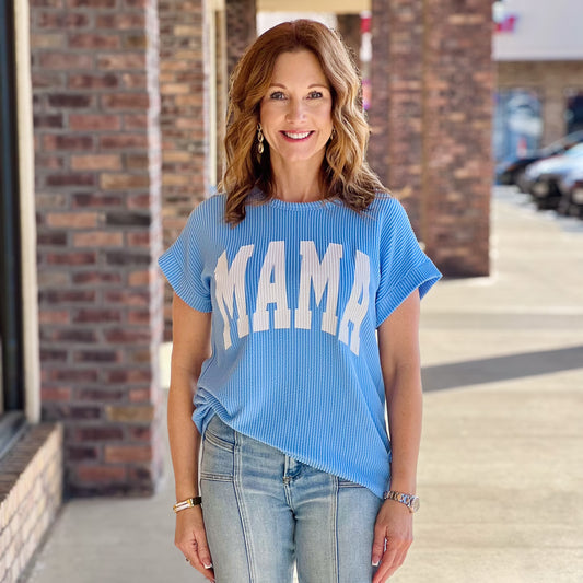 MAMA Ribbed Short Sleeve Top Pink & Blue