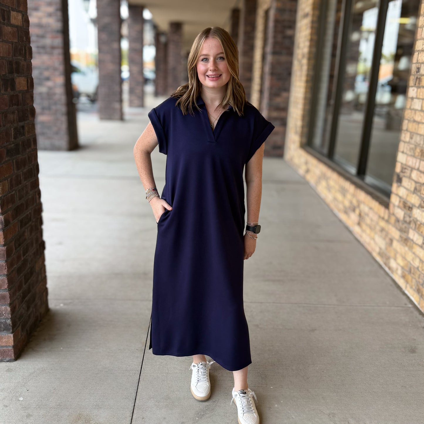 Solid Collared Scuba Dress with Pockets