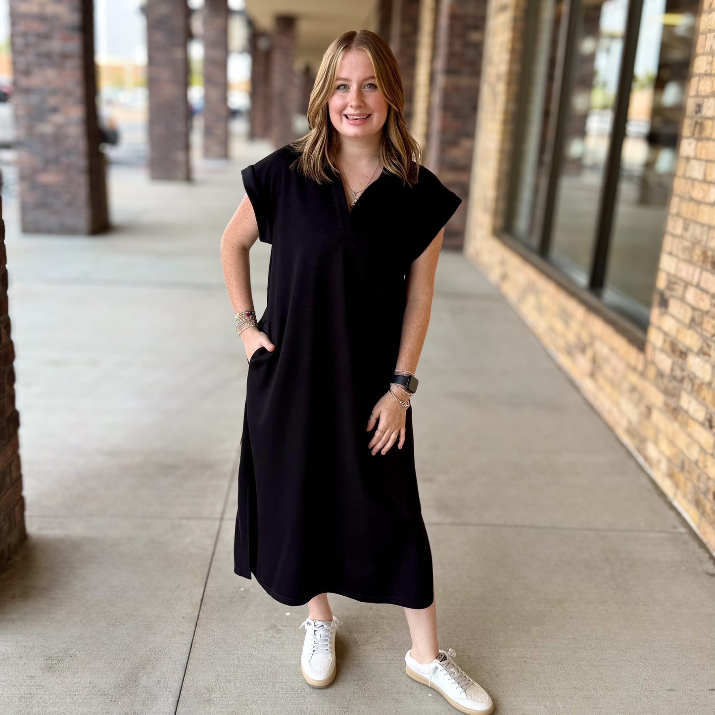 Solid Collared Scuba Dress with Pockets