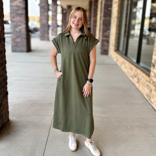 Solid Collared Scuba Dress with Pockets