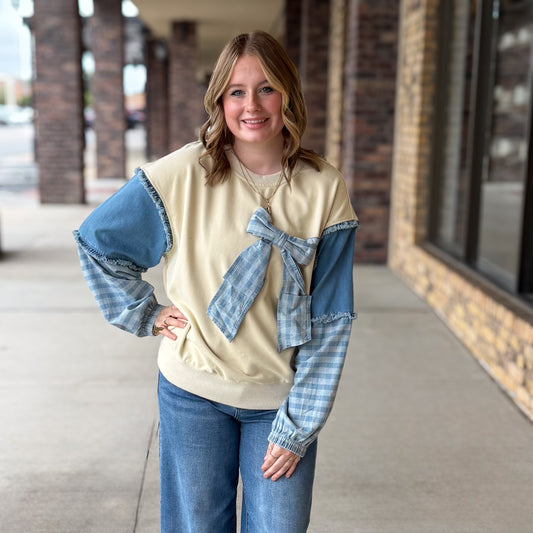Denim Accent Bow Top