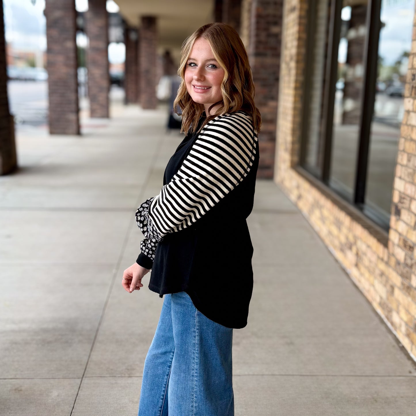 Black & White Floral Accent Long Sleeve Top