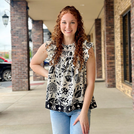 Umgee Black and White Floral Blouse